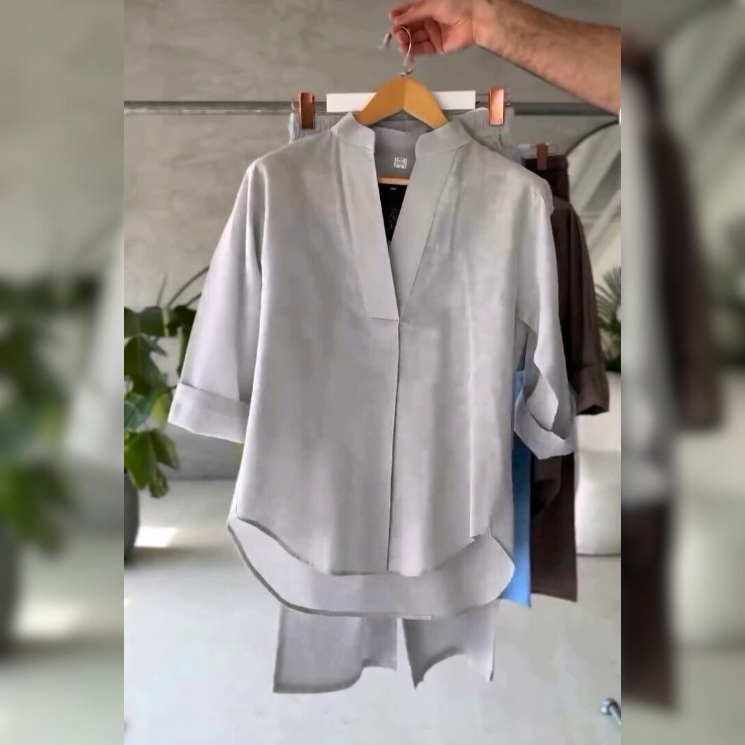 Women's V-Neck Pure Cotton Stuff Shirt & Trouser Set