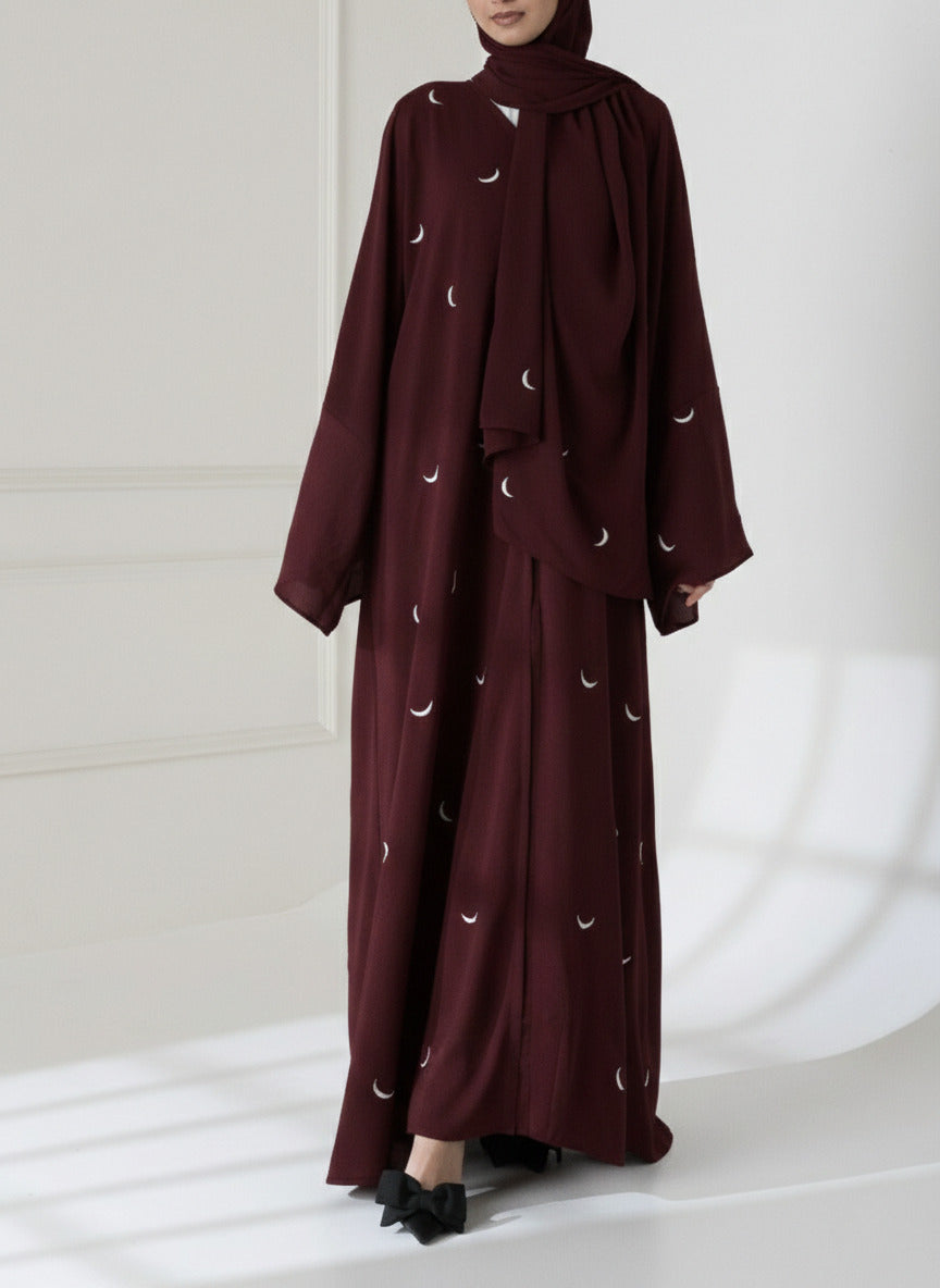 Front Back Moon 🌙 Embroidered Abaya with stoller 2PCs 