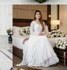 14 August Premium Chiffon Long Flare Maxi with Lace Work & Plain Dupatta – 3PC