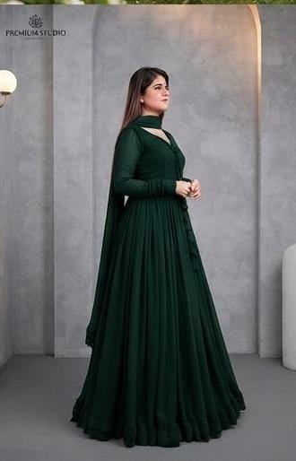 14 August Premium Chiffon Long Flare Maxi with Lace Work & Plain Dupatta – 3PC