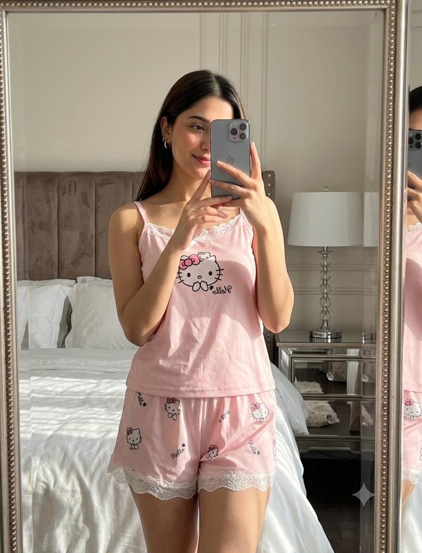 Hello Kitty Pink Soft Ribbed 2-Piece Cami & Shorts Night Suit for Women