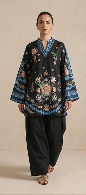 Black Floral Printed 2 Piece (Shirt aur Trouser)