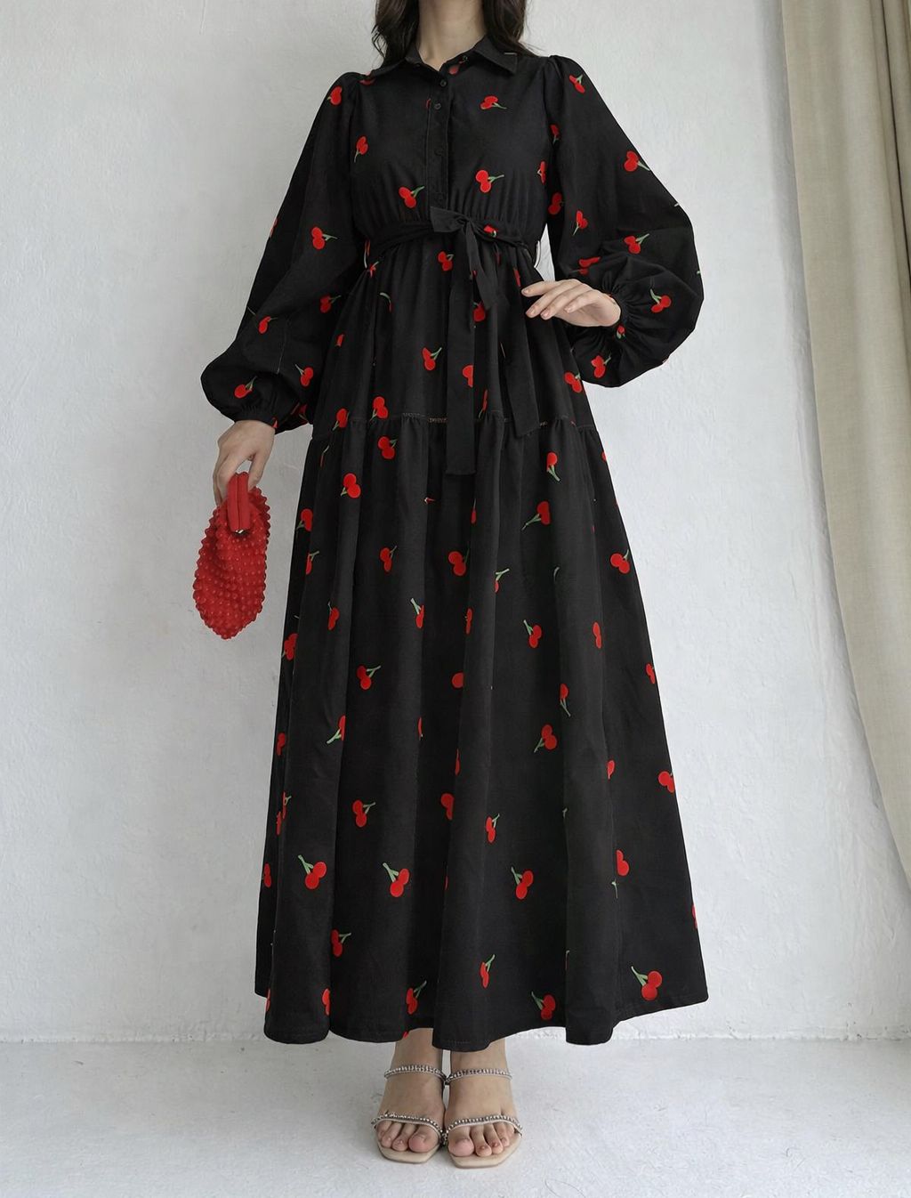 Premium Swiss Lawn Cherry Print Long Flare Maxi Dress for Women