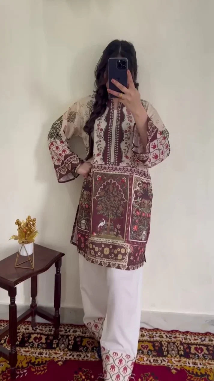 Floral Lawn Suit – Brown & Off White