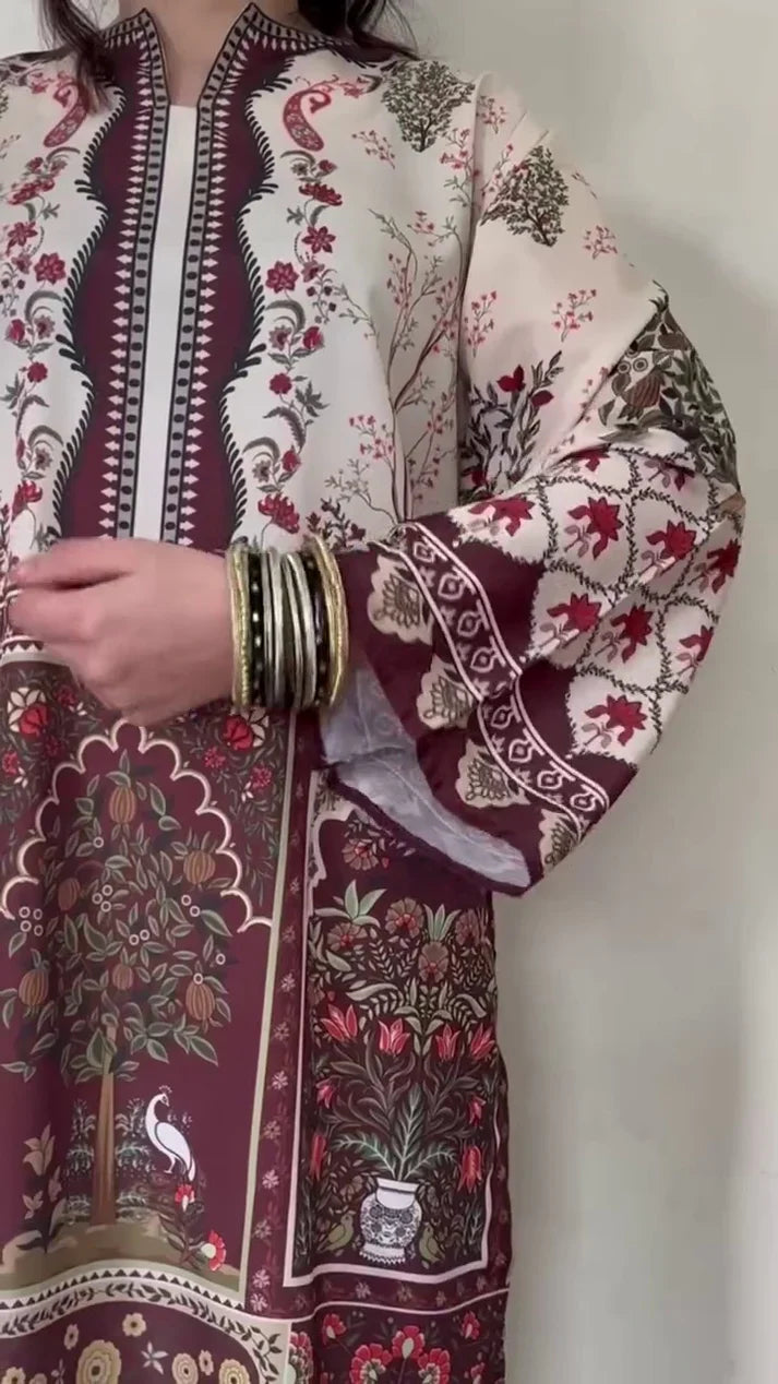 Floral Lawn Suit – Brown & Off White