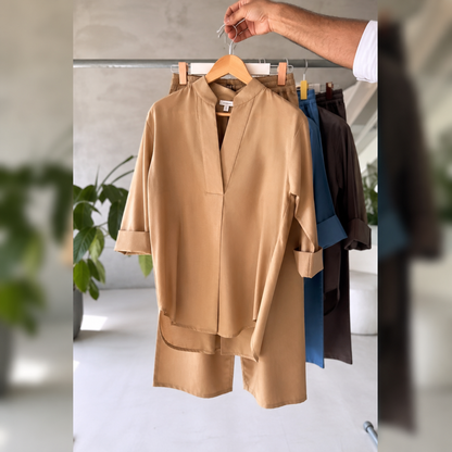 Women's V-Neck Pure Cotton Stuff  Shirt & Trouser Set