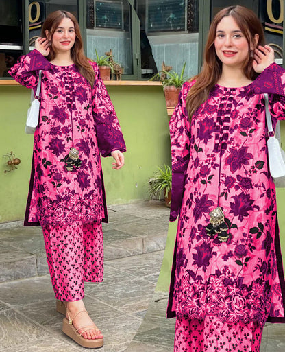 ❤️Front And Back Allover Digital Printed Handwork Shirt With Flapper Cord Set 3Pcs😍