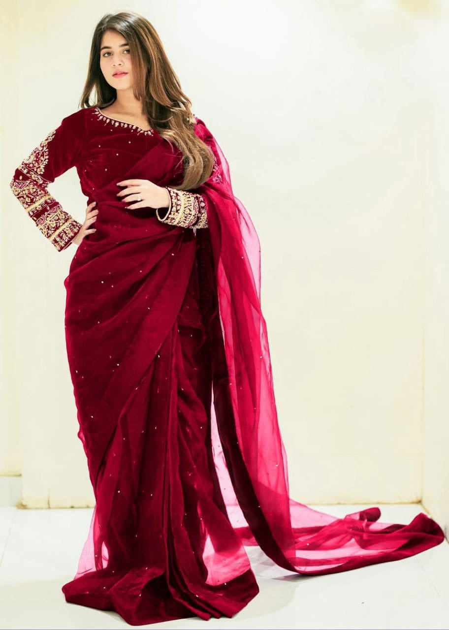 Multi Embroidery Blouse with Petticoat and Pearls Attached Saree