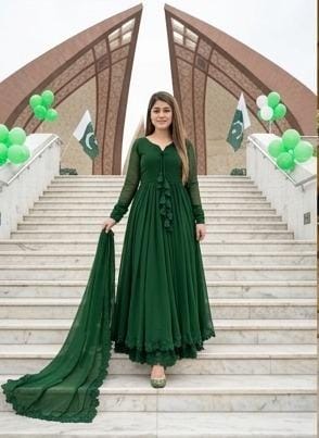 14 August Premium Chiffon Long Flare Maxi with Lace Work & Plain Dupatta – 3PC