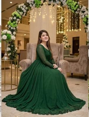 14 August Premium Chiffon Long Flare Maxi with Lace Work & Plain Dupatta – 3PC
