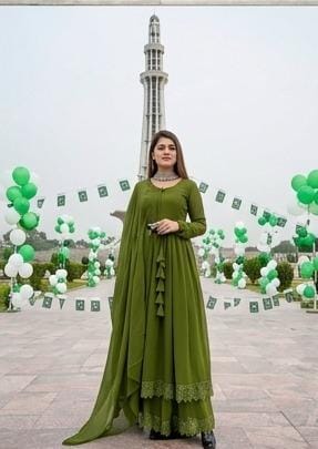 14 August Premium Chiffon Long Flare Maxi with Lace Work & Plain Dupatta – 3PC