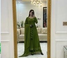 14 August Premium Chiffon Long Flare Maxi with Lace Work & Plain Dupatta – 3PC