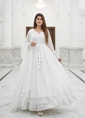 14 August Premium Chiffon Long Flare Maxi with Lace Work & Plain Dupatta – 3PC