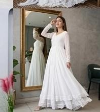 14 August Premium Chiffon Long Flare Maxi with Lace Work & Plain Dupatta – 3PC