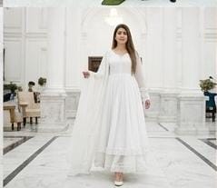 14 August Premium Chiffon Long Flare Maxi with Lace Work & Plain Dupatta – 3PC