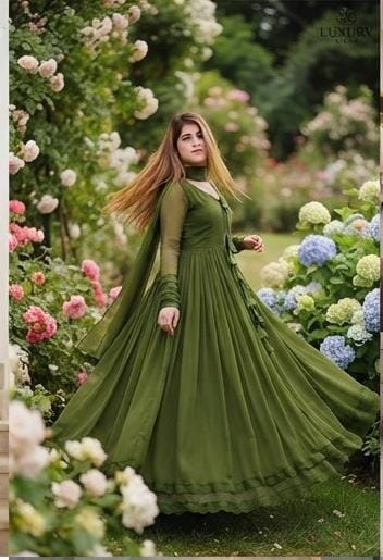 14 August Premium Chiffon Long Flare Maxi with Lace Work & Plain Dupatta – 3PC