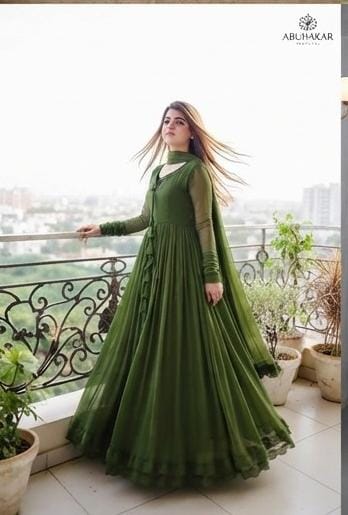 14 August Premium Chiffon Long Flare Maxi with Lace Work & Plain Dupatta – 3PC