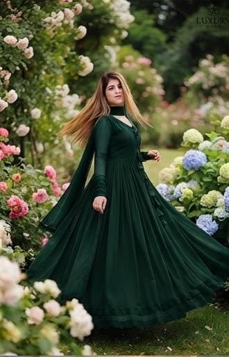14 August Premium Chiffon Long Flare Maxi with Lace Work & Plain Dupatta – 3PC