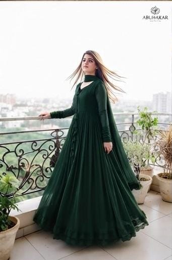 14 August Premium Chiffon Long Flare Maxi with Lace Work & Plain Dupatta – 3PC