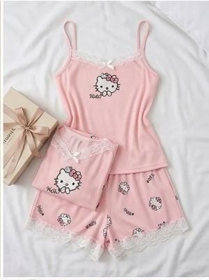 Hello Kitty Pink Soft Ribbed 2-Piece Cami & Shorts Night Suit for Women
