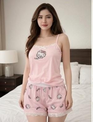 Hello Kitty Pink Soft Ribbed 2-Piece Cami & Shorts Night Suit for Women