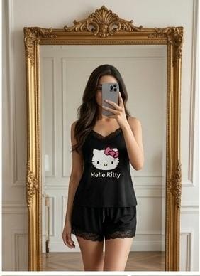 Hello Kitty Pink Soft Ribbed 2-Piece Cami & Shorts Night Suit for Women