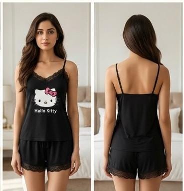 Hello Kitty Pink Soft Ribbed 2-Piece Cami & Shorts Night Suit for Women