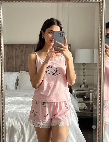 Hello Kitty Pink Soft Ribbed 2-Piece Cami & Shorts Night Suit for Women