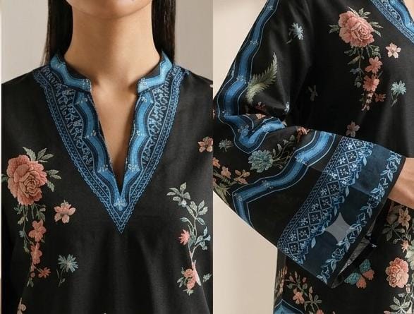 Black Floral Printed 2 Piece (Shirt aur Trouser)