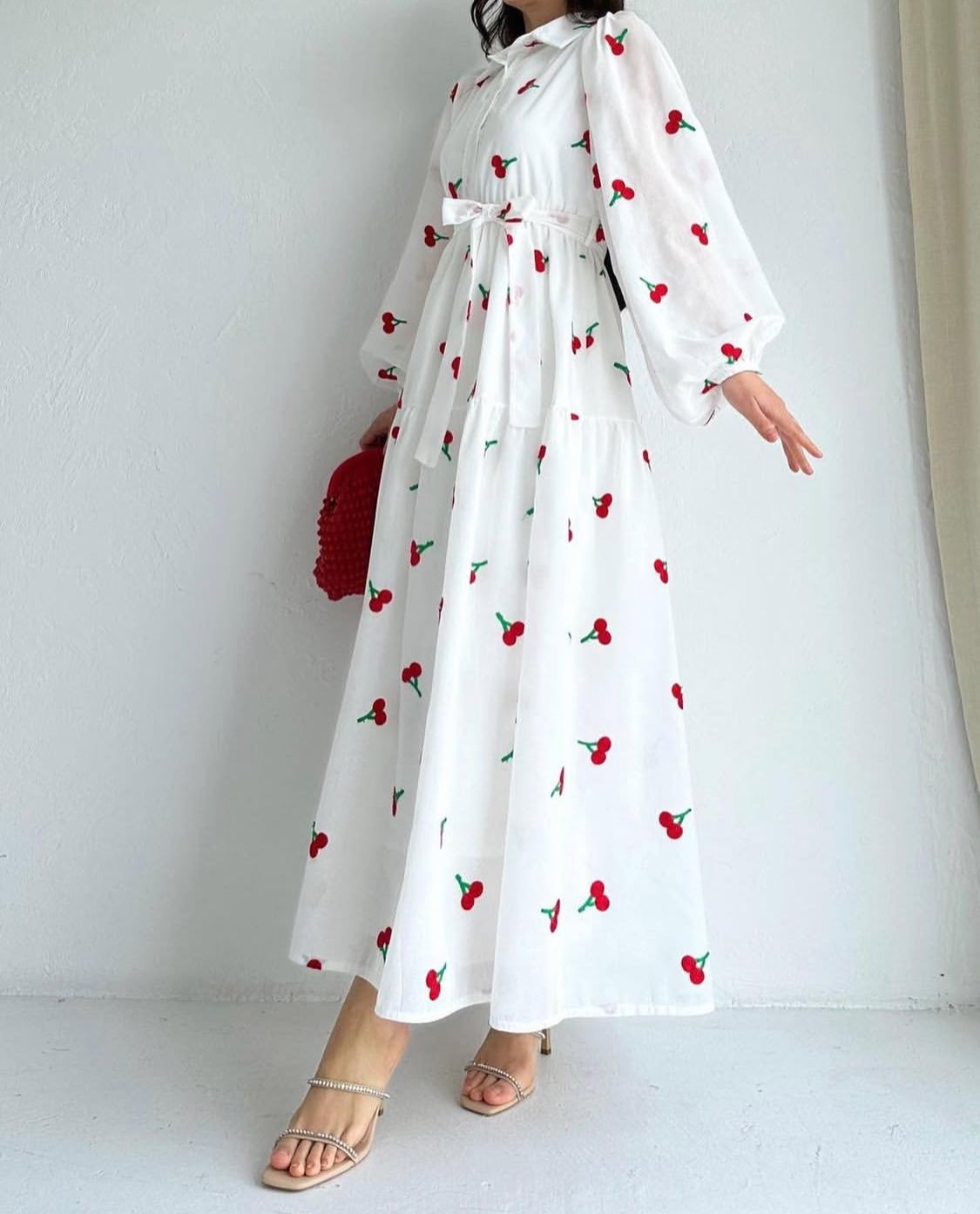 Premium Swiss Lawn Cherry Print Long Flare Maxi Dress for Women