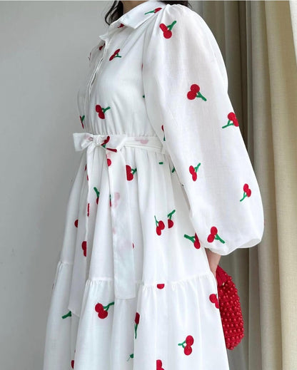 Premium Swiss Lawn Cherry Print Long Flare Maxi Dress for Women