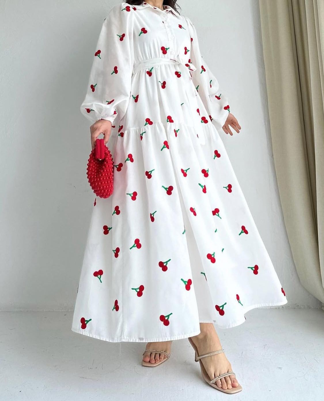 Premium Swiss Lawn Cherry Print Long Flare Maxi Dress for Women