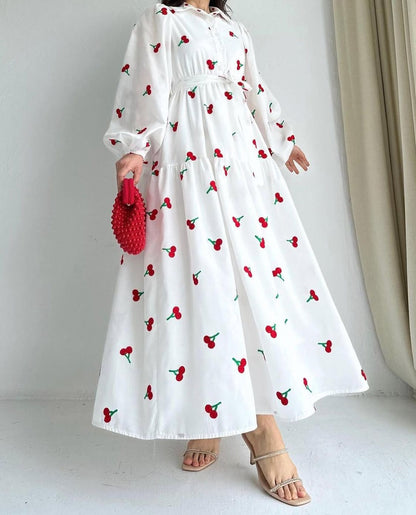 Premium Swiss Lawn Cherry Print Long Flare Maxi Dress for Women
