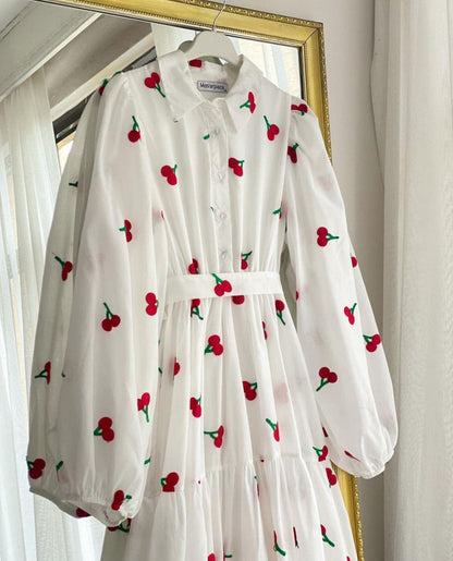 Premium Swiss Lawn Cherry Print Long Flare Maxi Dress for Women
