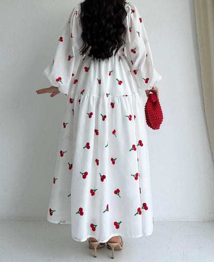 Premium Swiss Lawn Cherry Print Long Flare Maxi Dress for Women