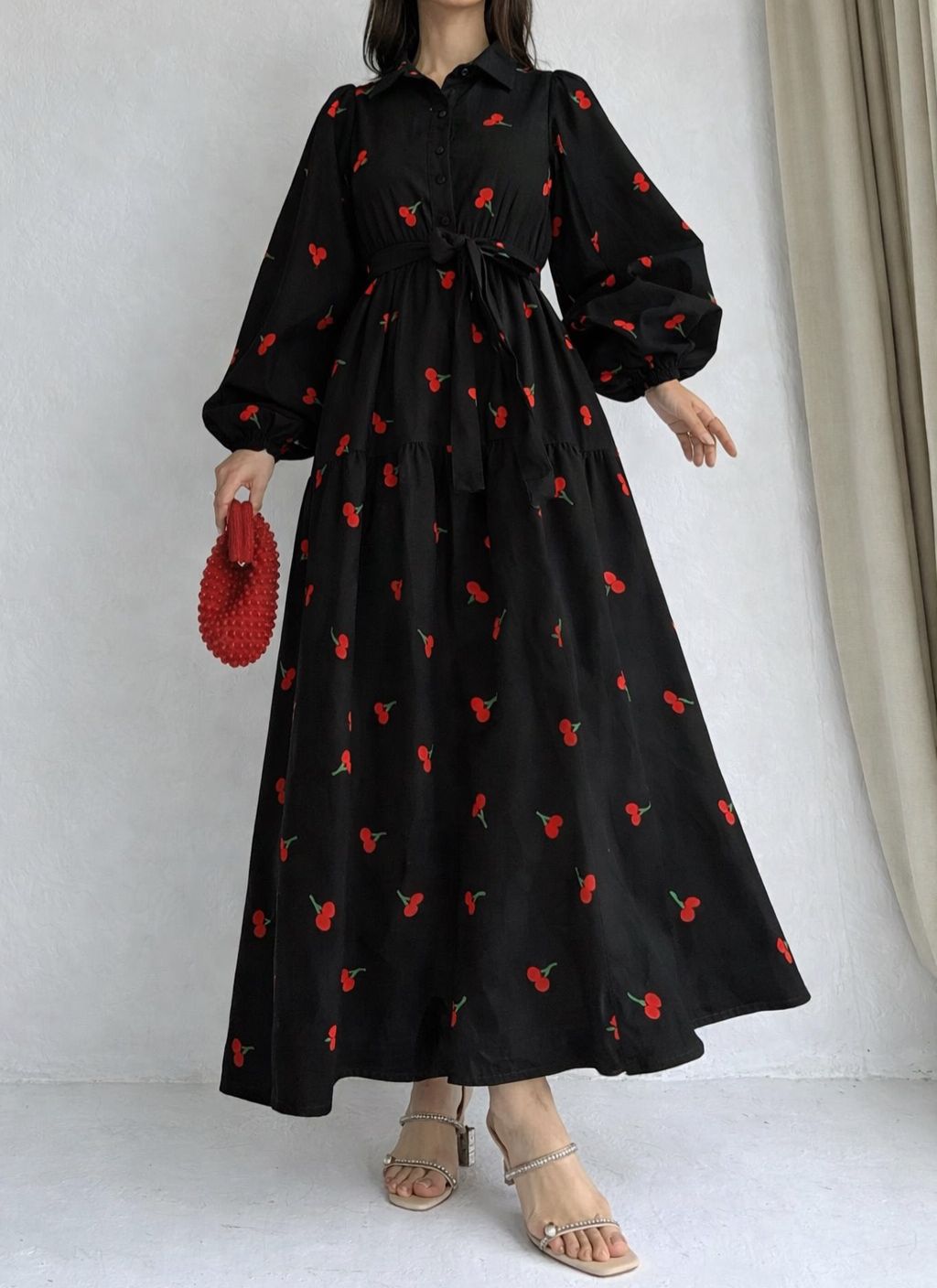 Premium Swiss Lawn Cherry Print Long Flare Maxi Dress for Women
