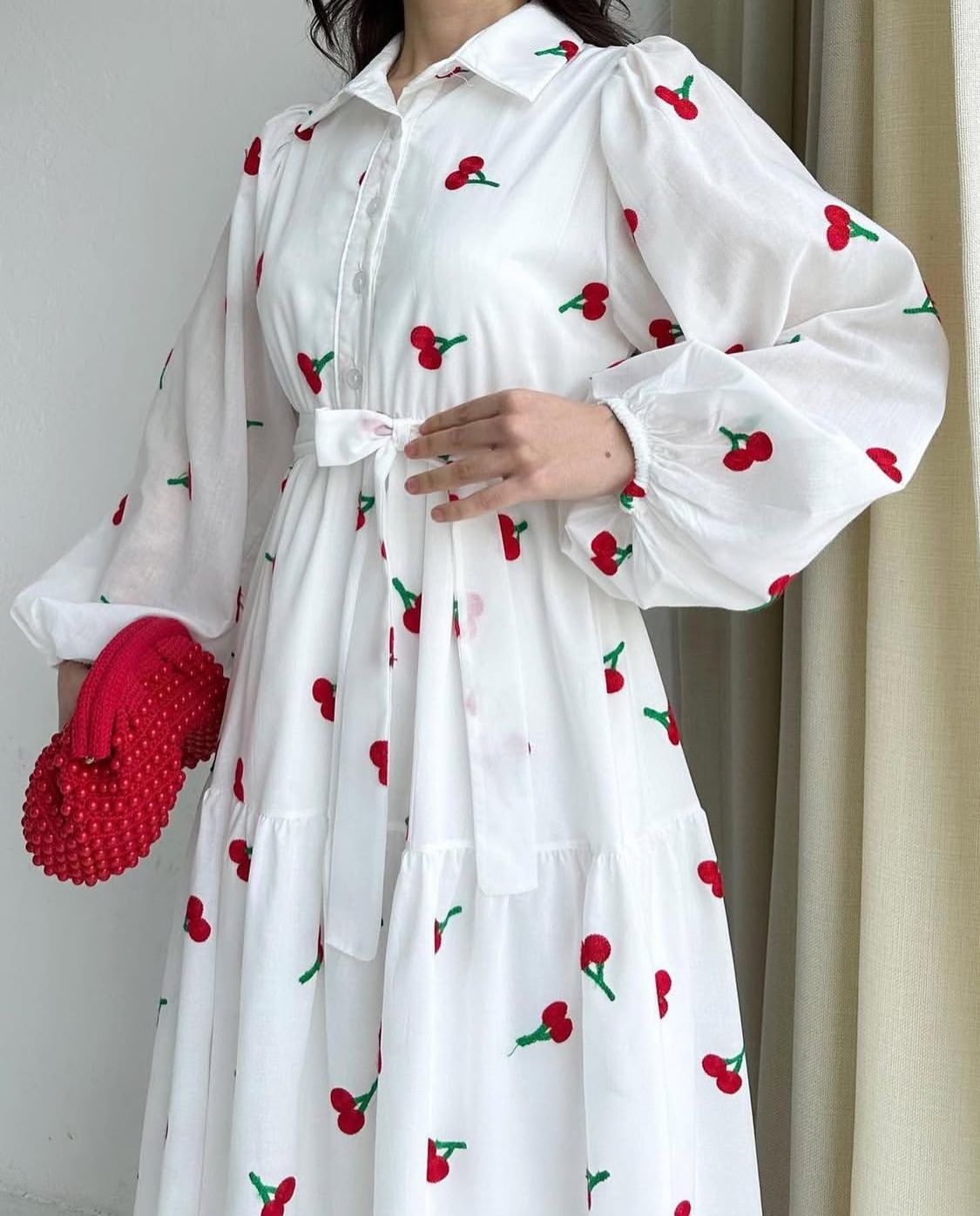 Premium Swiss Lawn Cherry Print Long Flare Maxi Dress for Women