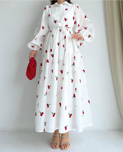 Premium Swiss Lawn Cherry Print Long Flare Maxi Dress for Women