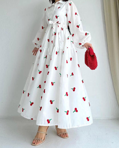 Premium Swiss Lawn Cherry Print Long Flare Maxi Dress for Women