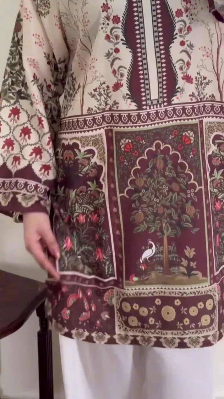 Floral Lawn Suit – Brown & Off White